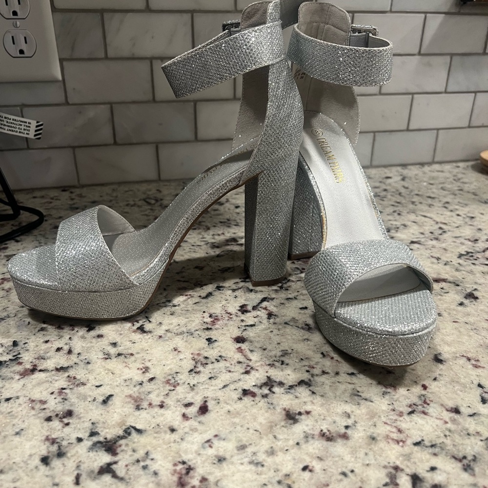 Glamorous Silver Chunky Heeled Sandals